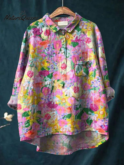 Abstract Colorful Summer Garden Printed Women's Casual Cotton And Linen Shirt