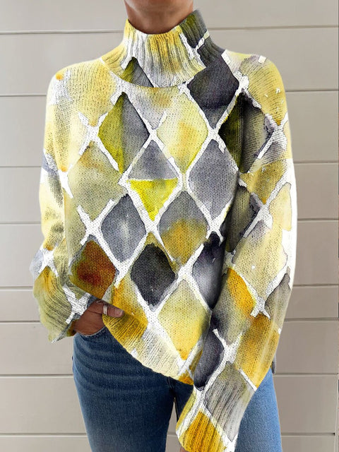 Abstract Geometric Art Print Knit Turtleneck Pullover Sweater