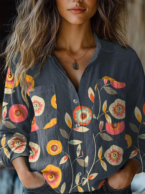Women's  Floral Art Print Casual Long Sleeve Comfortable Cotton Shirt