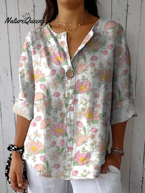 Retro Style Peony And Tulip Floral Pattern Printed Women's Casual Cotton Linen Shirt