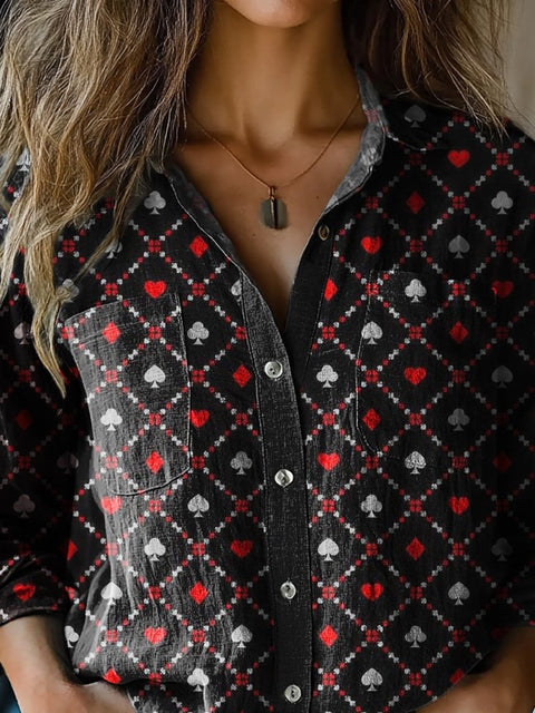 Poker Card Pattern Printed Women's Casual Long Sleeve Comfortable Cotton Shirt