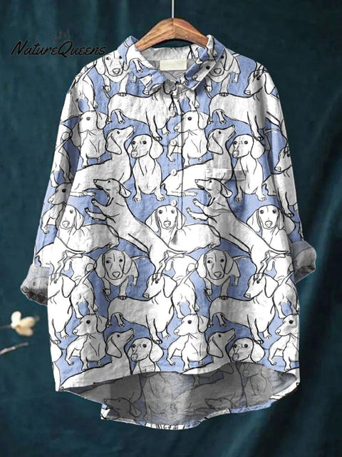 Women's Funny Dog Art Print Casual Cotton And Linen Shirt