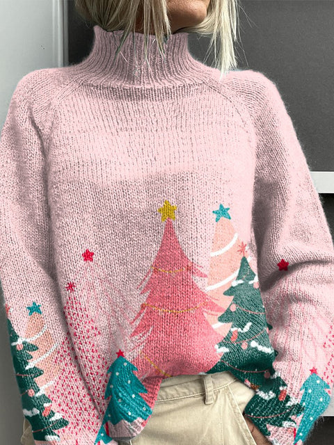 Christmas Tree Art Painting Pink Print Knit Turtleneck Pullover Sweater