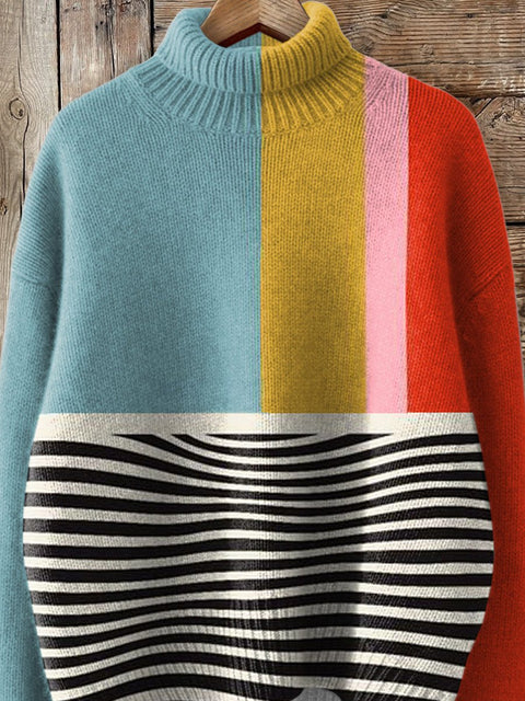 Bauhaus Style Geometric Art Printed Knit Turtleneck Pullover Sweater