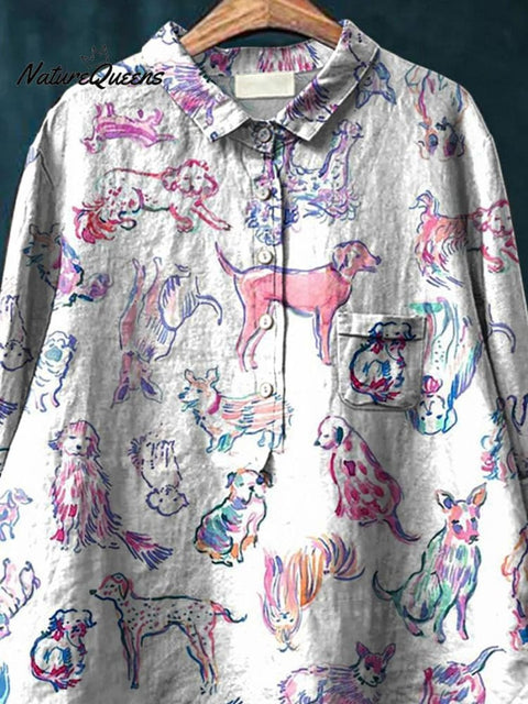 Watercolor Puppy Dog Pattern Printed Women's Casual Cotton And Linen Shirt