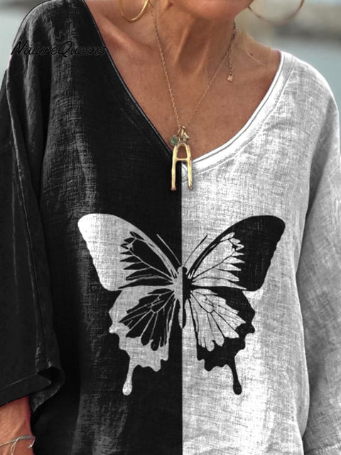 Black And White Symmetrical Butterfly Art Printed Women's Casual V-neck Long Sleeve Comfortable Cotton T-shirt