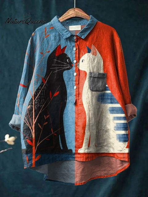 Black Cat and White Cat Sitting In Front of Blue and Red Background Decorative Pattern Casual Cotton And Linen Shirt