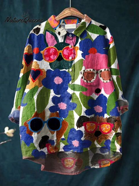 Women's  Dog  Art Print Casual Cotton And Linen Shirt