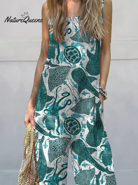 Vibrant Sea Creatures Pattern Printed Women's Casual 100% Cotton Wide Leg Jumpsuit