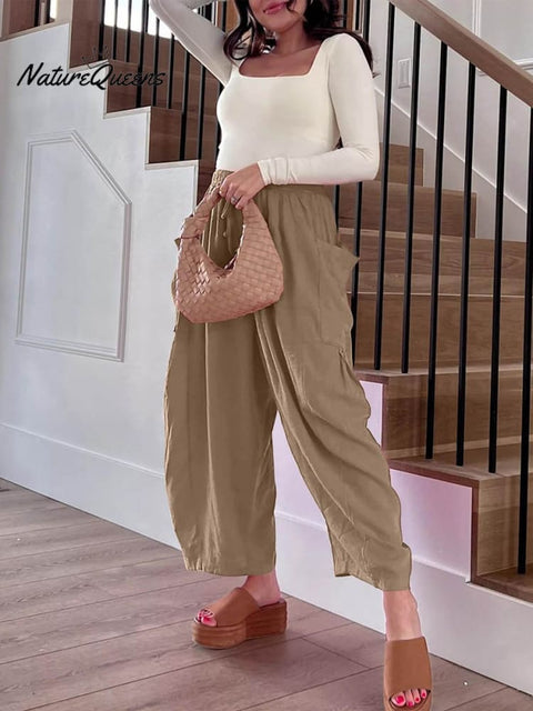 Women's Stylish Casual Fashionable Elastic Waist Loose Cotton Linen Pants