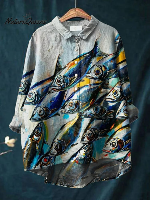 Women's Fish  Art Print Casual Cotton And Linen Shirt