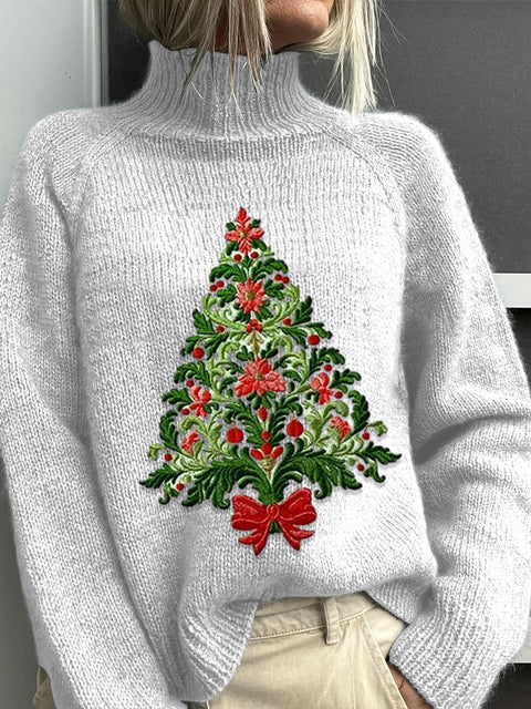 Embroidery  Christmas Tree Art Print Knit Turtleneck Pullover Sweater