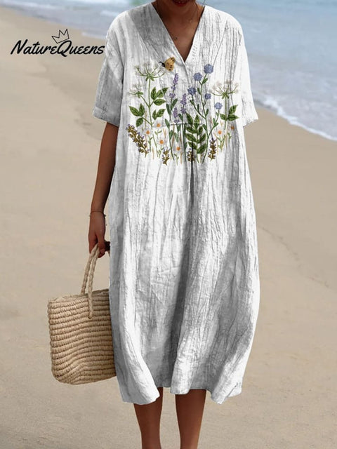 Embroidery Style Floral Bush Pattern Printed Women's Flowy Dress