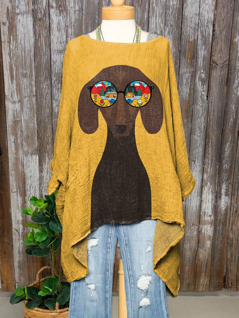 Dachshund Dog Art Printed Women's Pocket Cotton Top