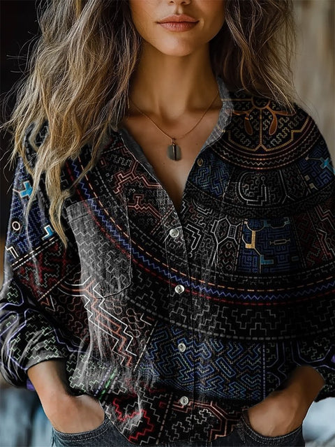 Ethnic Style Geometric Compass Art Printed Women's Casual Long Sleeve Comfortable Cotton Shirt