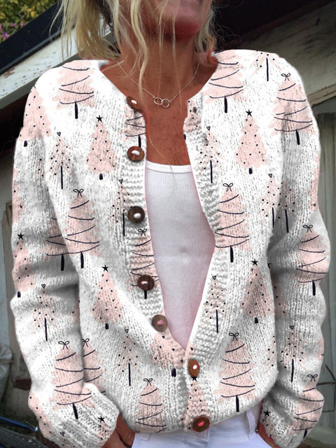 Pink Christmas Art Tree Print Buttoned Cardigan Sweater