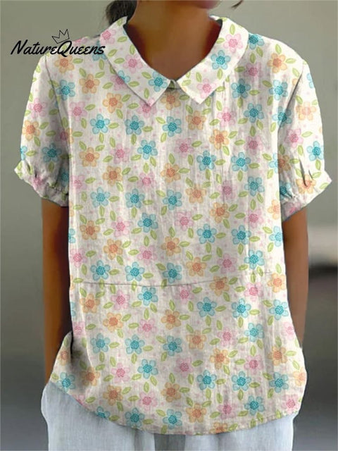 Lovely Summer Floral Pattern Printed Women's Casual Cotton And Linen Shirt