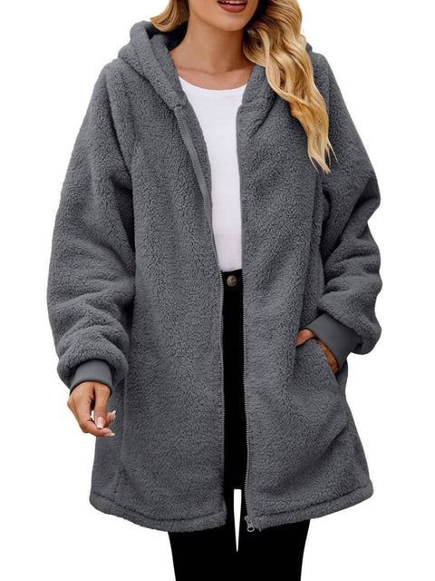 Women's Stylish Casual Long Sleeve Solid Color Loose Plush Hooded Zip Cardigan Coat