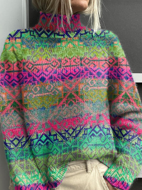 Retro Ethnic Art Stripes Print Knit Turtleneck Pullover Sweater