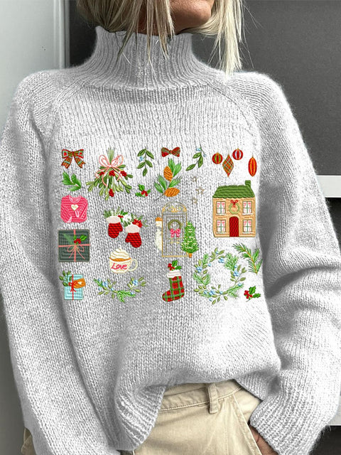 Embroidery   Christmas Art Print Knit Turtleneck Pullover Sweater