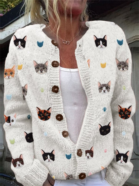 Retro Cat Art Print Buttoned Cardigan Sweater