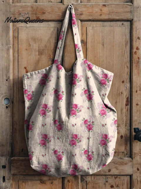 Watercolor French Rose Repeat Pattern Printed Linen Tote Bag