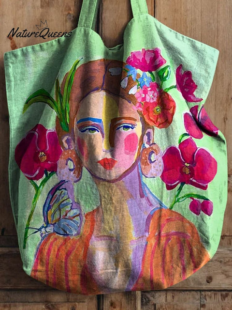 Oil Painting Women's Portrait Art Printed Linen Tote Bag