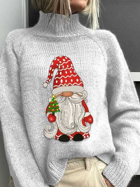 Embroidery  Gnome Santa Christmas Art Print Knit Turtleneck Pullover Sweater