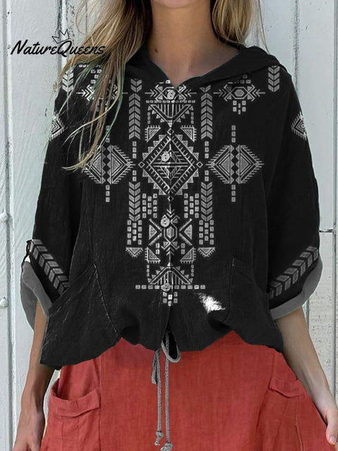 Ethnic Style Summer Geometric Pattern Printed Women's Hooded Drawstring Linen Casual Blouse