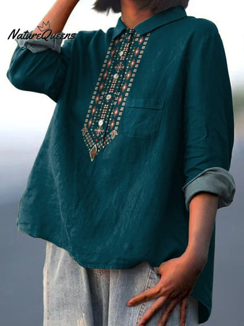 Ethnic Style Simple Geometric Pattern Printed Women's Casual Cotton And Linen Shirt