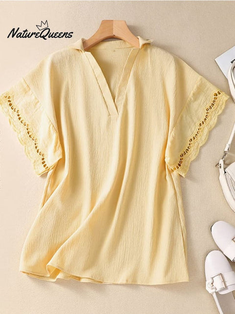 Solid Lace Trimmed V-Neck Short Sleeved Shirt