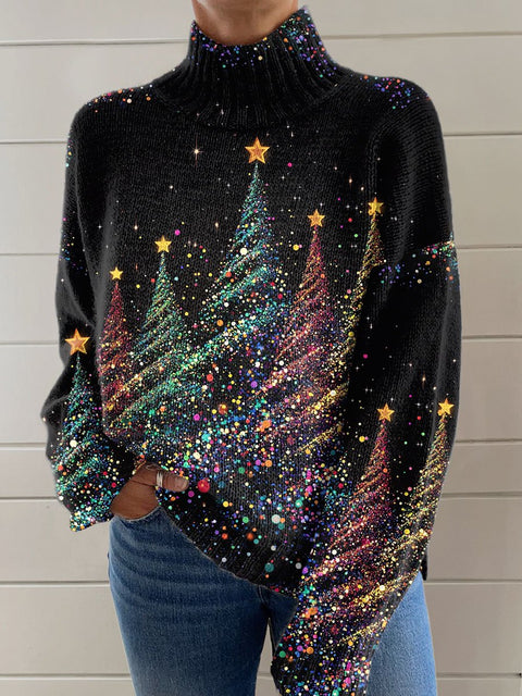 Glitter Christmas Print Knit Turtleneck Pullover Sweater