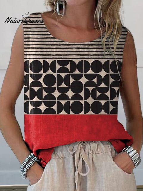 Artistry Geometric Pattern Printed Women's Casual Cotton And Linen Tank Top
