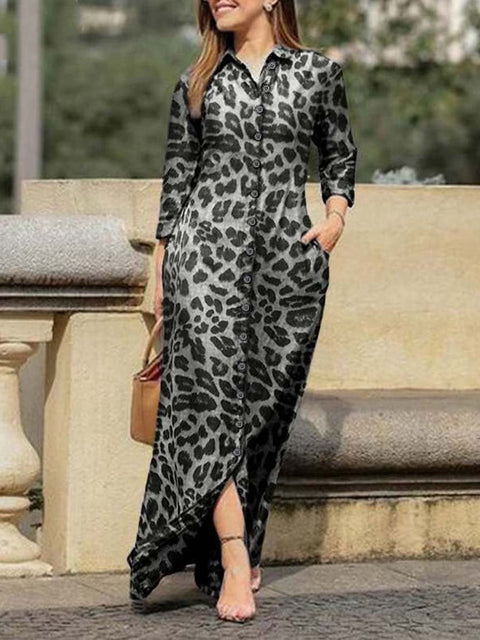 Women's Leopard Pattern Art Print Loose Elegant Casual Lapel Long Sleeve Cotton Long Shirt Dress