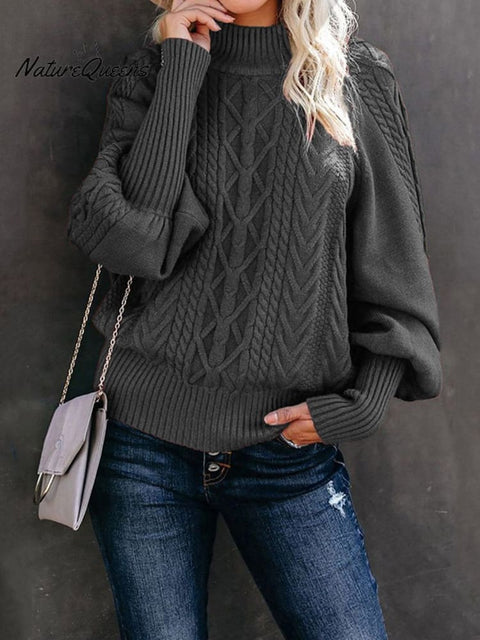 Women's Mid-collar Sweater Loose Long-sleeved Knitted Solid Color Sweater