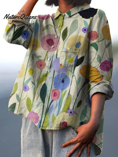 Oil Painting Spring Field Art Printed Women's Casual Cotton And Linen Shirt