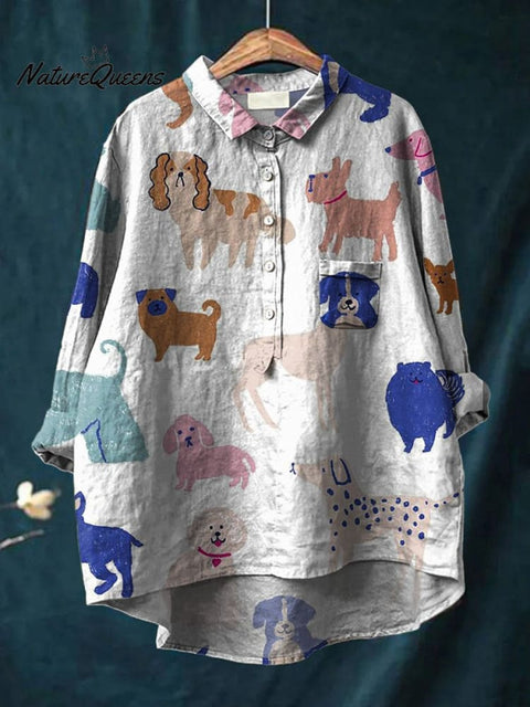 Lovely Puppy Dog Pattern Printed Women's Casual Cotton And Linen Shirt