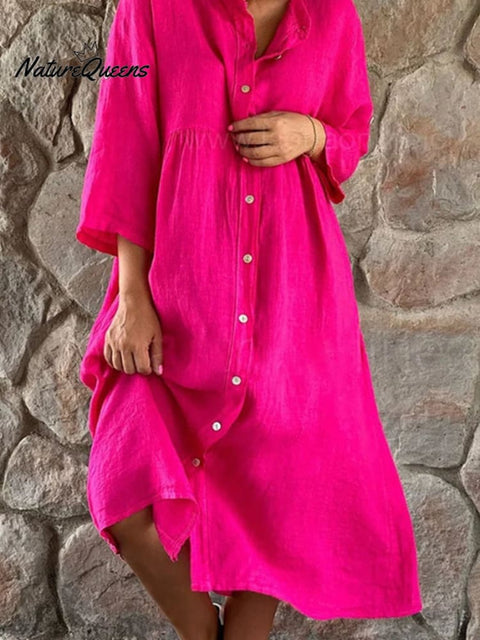 Cotton And Linen Casual Stand - Up Collar Button - Down Dress Red / S