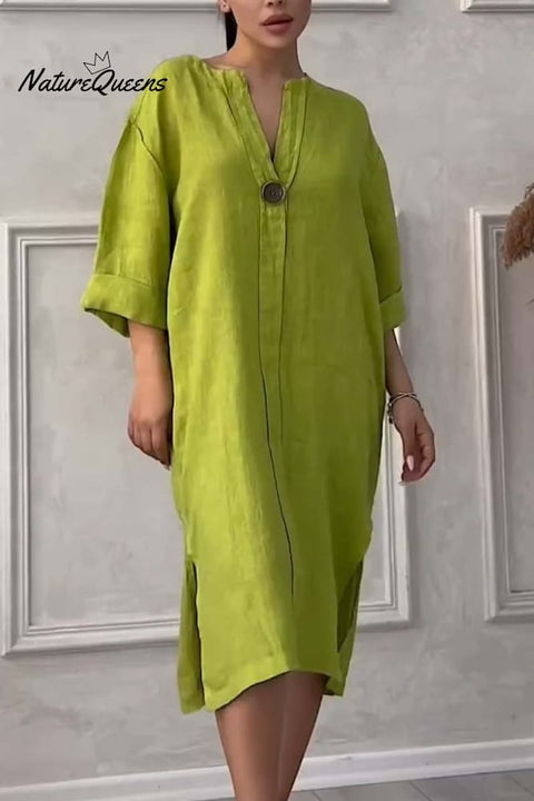 Casual buttoned cotton and linen dress