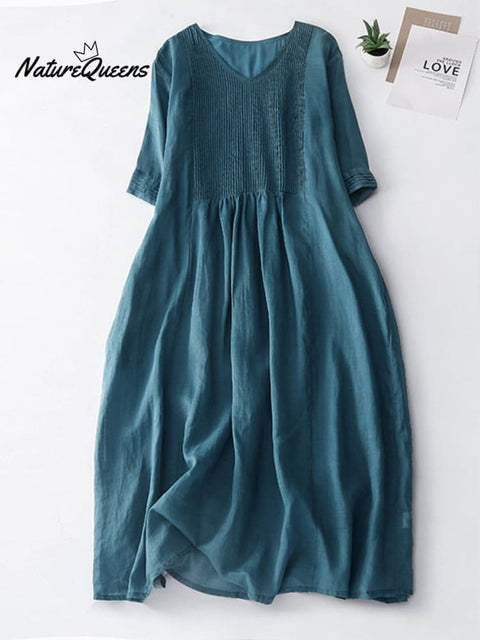 Elegant Pleated Loose Cotton Linen Dress