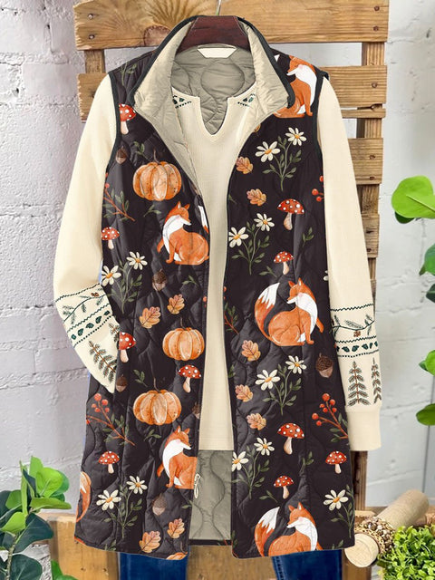Women's Funny Fox Art Print Casual Quilted  Sleeveless Coat