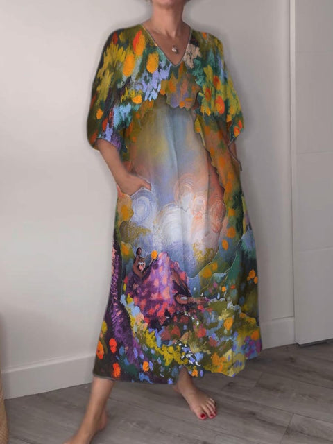 Oil Painting Art Style Mysterious Fantasy Garden Decorative Pattern Pocket V-neck Cotton Dress