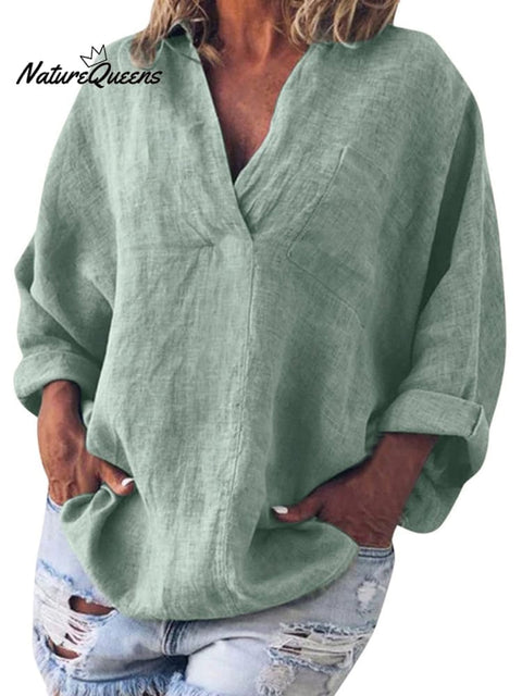 Women's Solid Color Cotton And Linen V-Neck Long Sleeve Blouse
