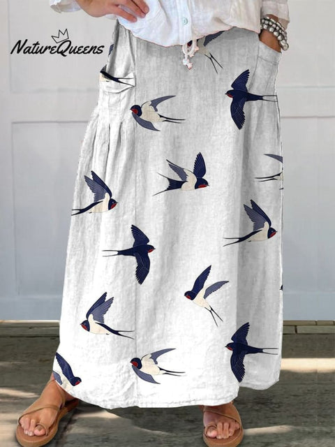 Flying Swallow Repeat Pattern Printed Women's Linen Pocket Skirt