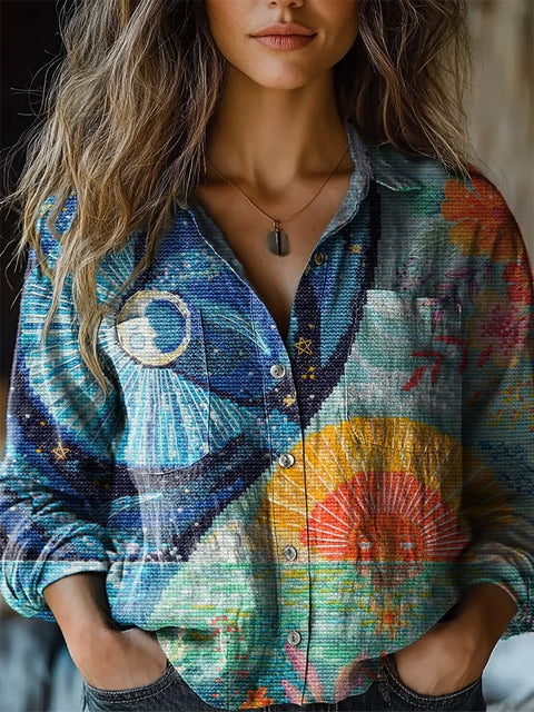 Cross Stitch Sun And Moon Art Printed Women's Casual Long Sleeve Comfortable Cotton Shirt