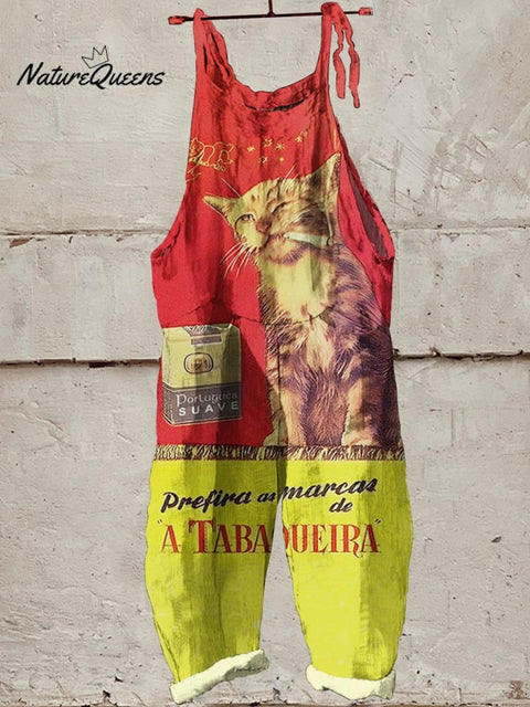 Women's  Retro Cat Art Print Casual 100% Cotton Wide Leg Jumpsuit