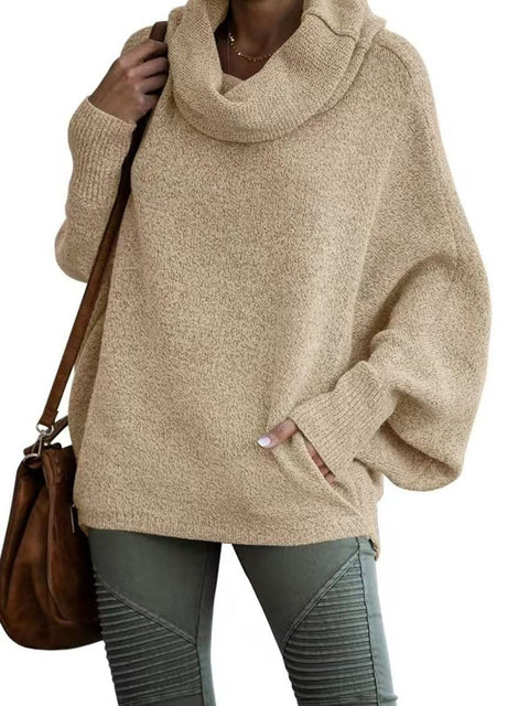 Women's Stylish Casual Long Sleeve Pullover Solid Color Loose Turtleneck Knitted Sweater