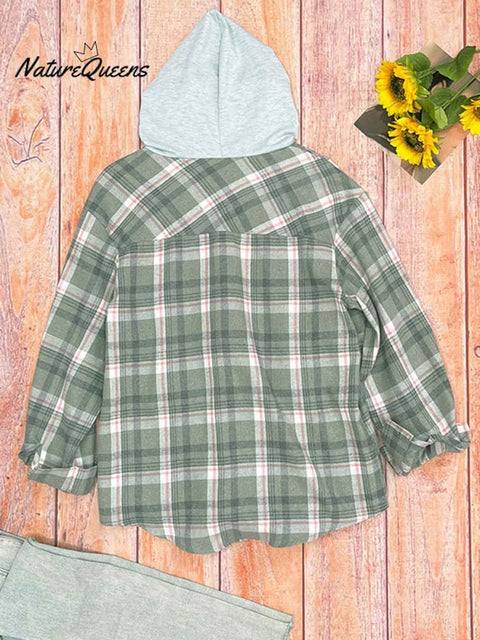 Women's Hooded Colorblock Plaid Stylish Casual Shirt Jacket