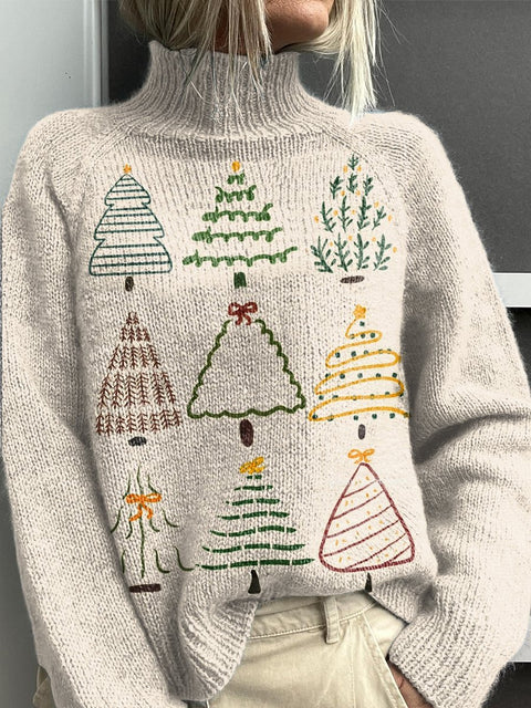 Simple and Cute Christmas Tree Print Knit Turtleneck Pullover Sweater