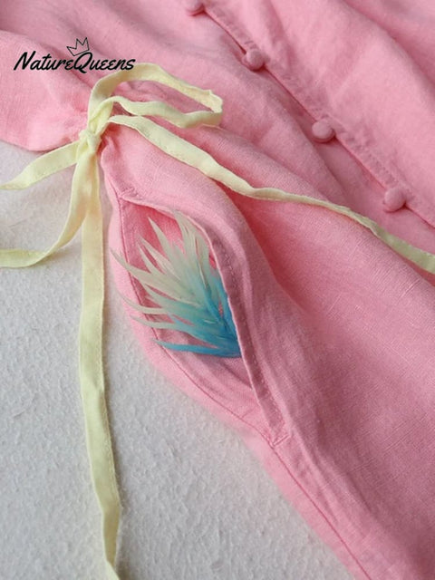 Cotton And Linen V-neck Diagonal Neckline Drawstring Open Button Dress